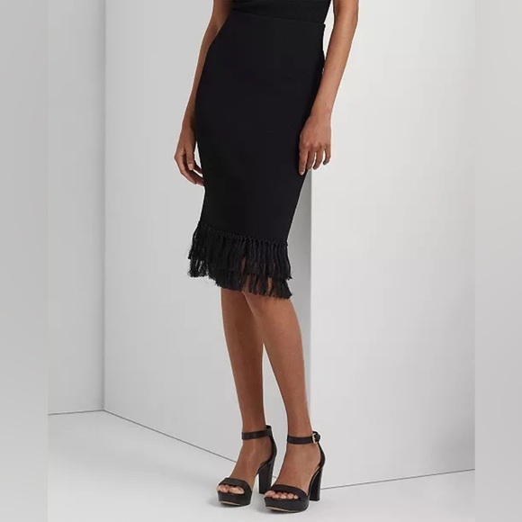 nwt $225 Lauren Ralph Lauren Rib-Knit Pencil Skirt with Fringe-Trim Black Small - Picture 11 of 15